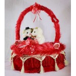 Valentines Red Decorated Heart Cake Plush Cushion with Love Couple Teddy Bears
